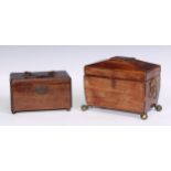 A George II mahogany tea caddy, hinged cover with brass swan neck handle, enclosing two