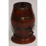 Treen - a Victorian brass bound turned walnut string barrel, 14.5cm high, c.1870