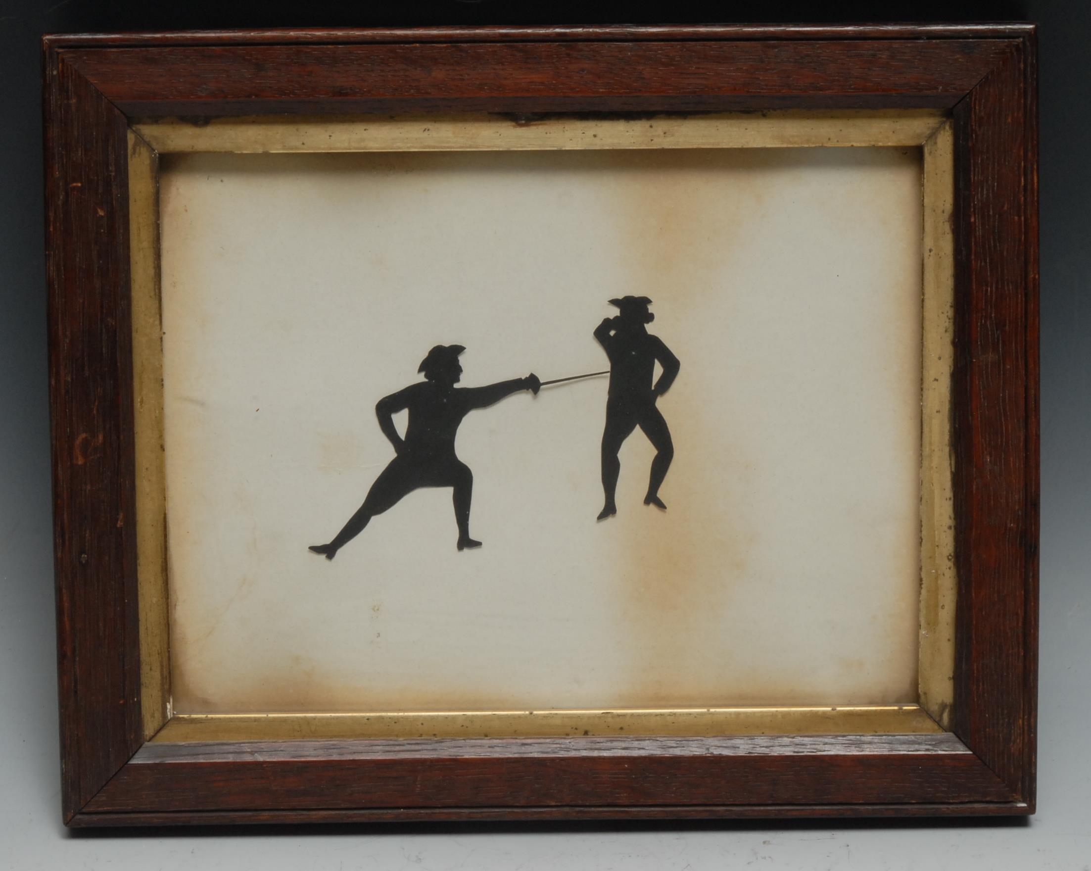 English School (early 20th century), a cut paper silhouette, a fencing match, 16cm x 21cm, oak frame