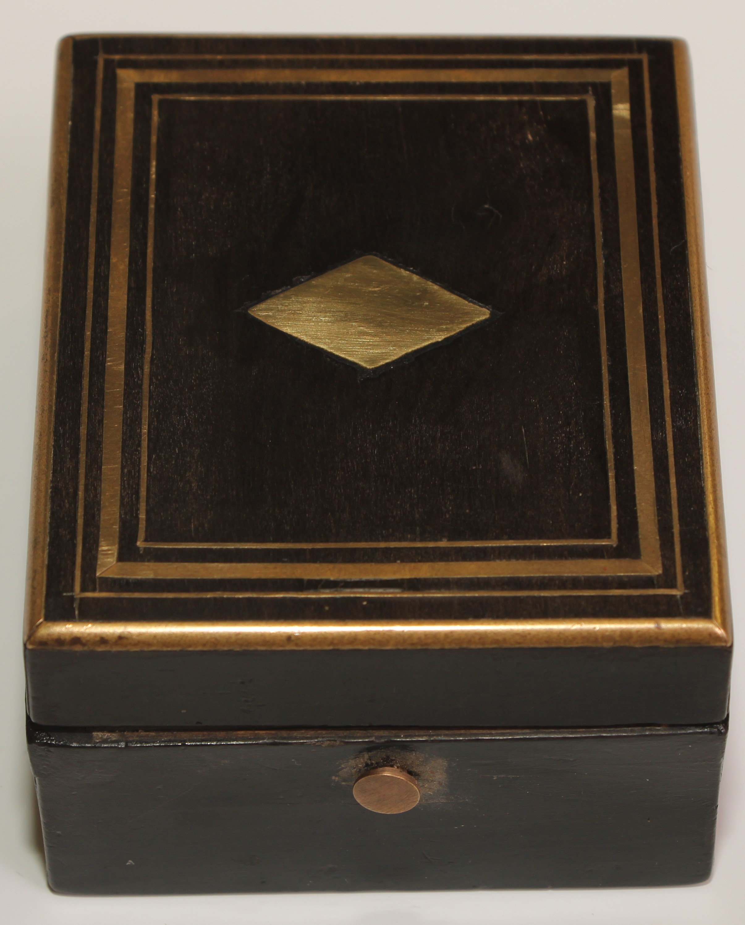 A 19th century French ebonised pocket watch box, hinged cover inlaid with a lozenge and outlined - Image 2 of 4