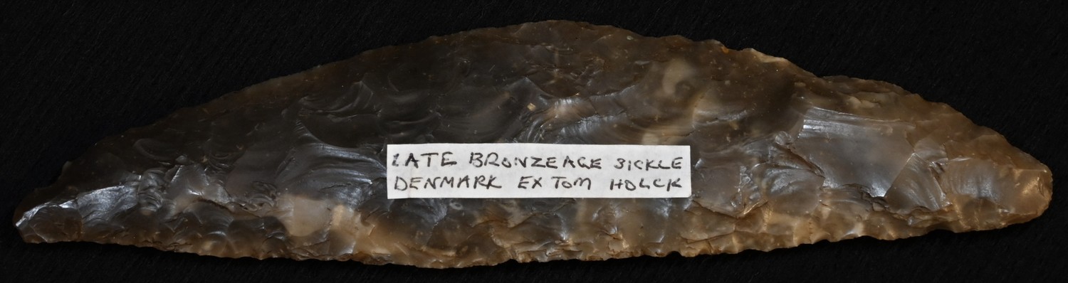 Antiquities - Late Bronze Age, a Danish flint sickle, curved blade, 14.6cm long, Aalborg, North