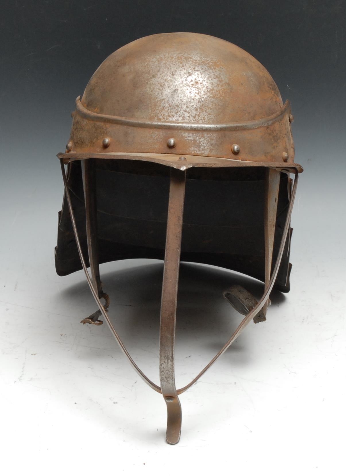 An English Civil War style Parliamentarian steel lobster tailed pot helmet, 33cm high - Image 2 of 3