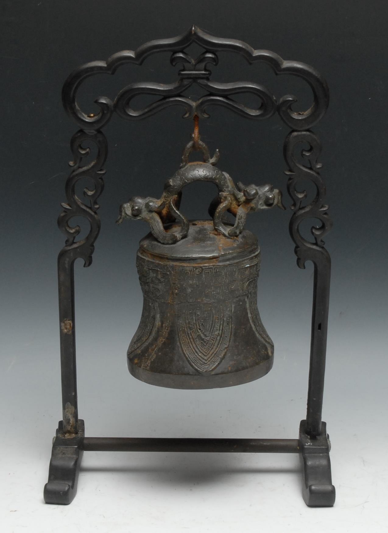 A Chinese bronze bell or gong, cast in the typical Archaic taste with dragons, lappets and taotie, - Image 2 of 2