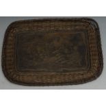 A 19th century Japanese rounded rectangular bronze tray, central panel depicting seated warriors,