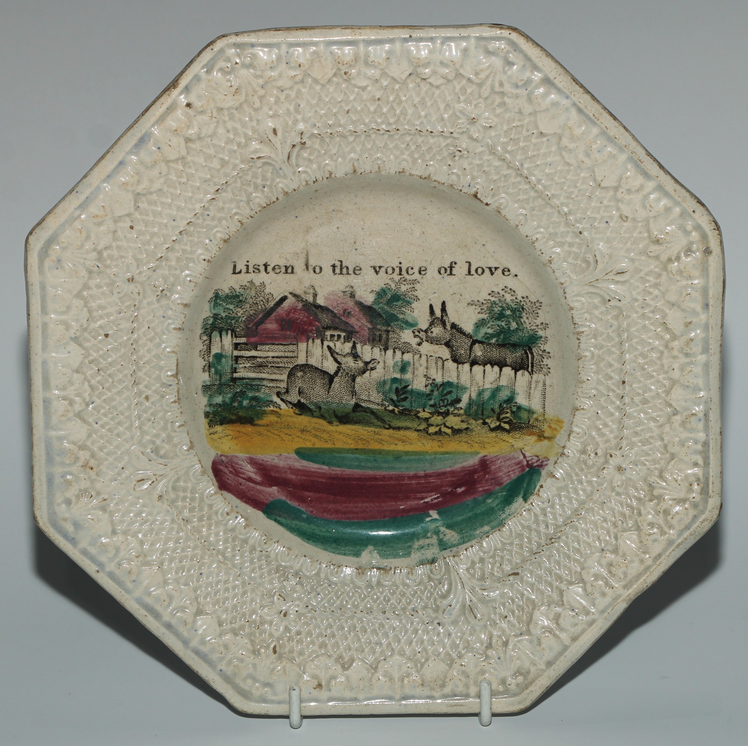 A 19th century octagonal transfer printed nursery plate, probably Scottish, Listen To The Voice Of