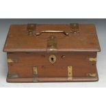 An Indian brass bound hardwood rectangular box, hinged cover with swing handle, enclosing a pair