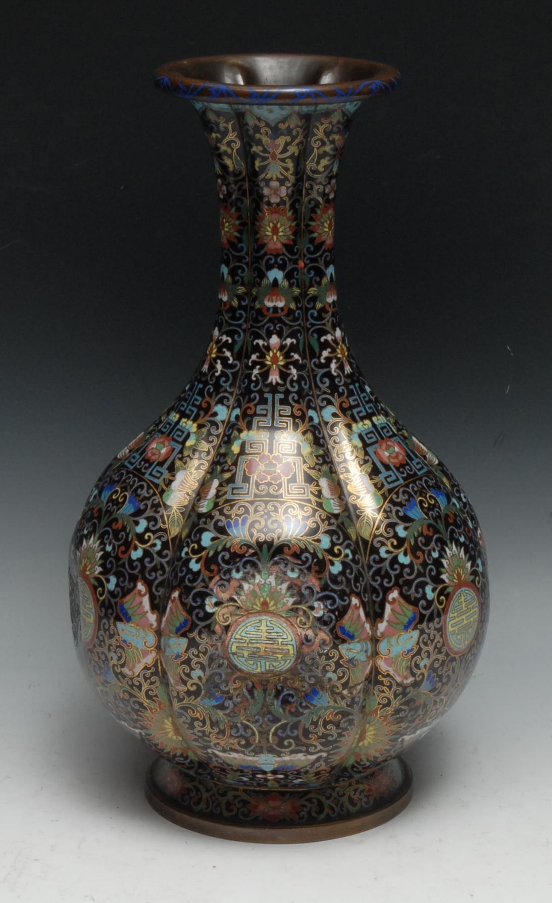 A Chinese cloisonne enamel fluted ovoid vase, decorated in polychrome with shou, butterflies, - Image 2 of 3