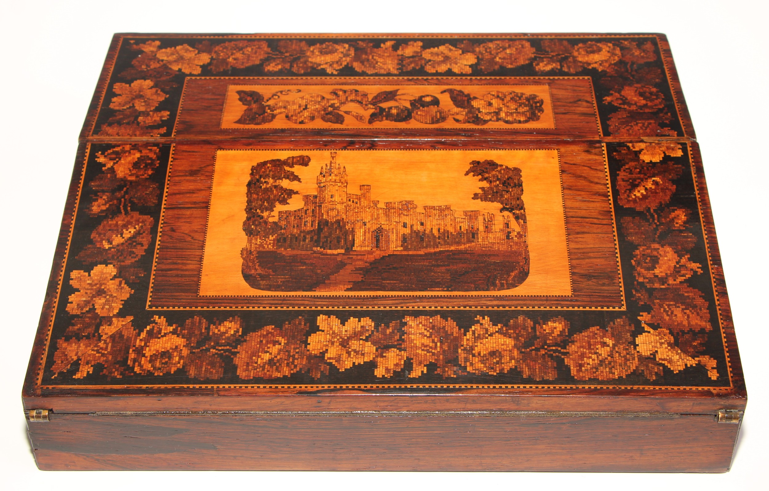 A Victorian Tunbridge ware and rosewood writing box or lap desk, the hinged cover and sloping