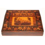 A Victorian Tunbridge ware and rosewood writing box or lap desk, the hinged cover and sloping