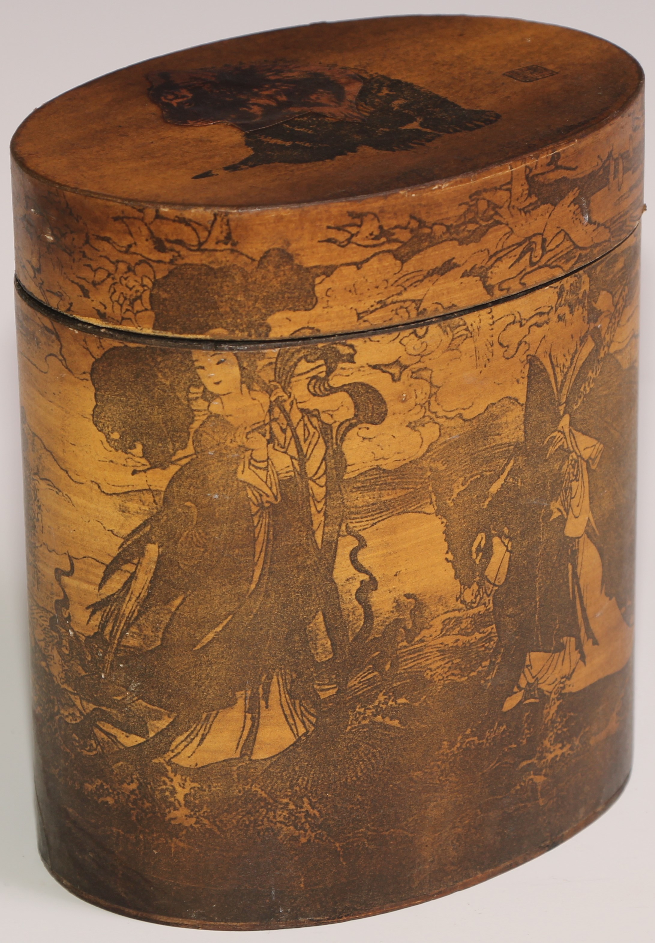 A stacking nest of Japanese oval boxes, decorated with bears and narratuve scenes, the largest 13. - Image 4 of 18