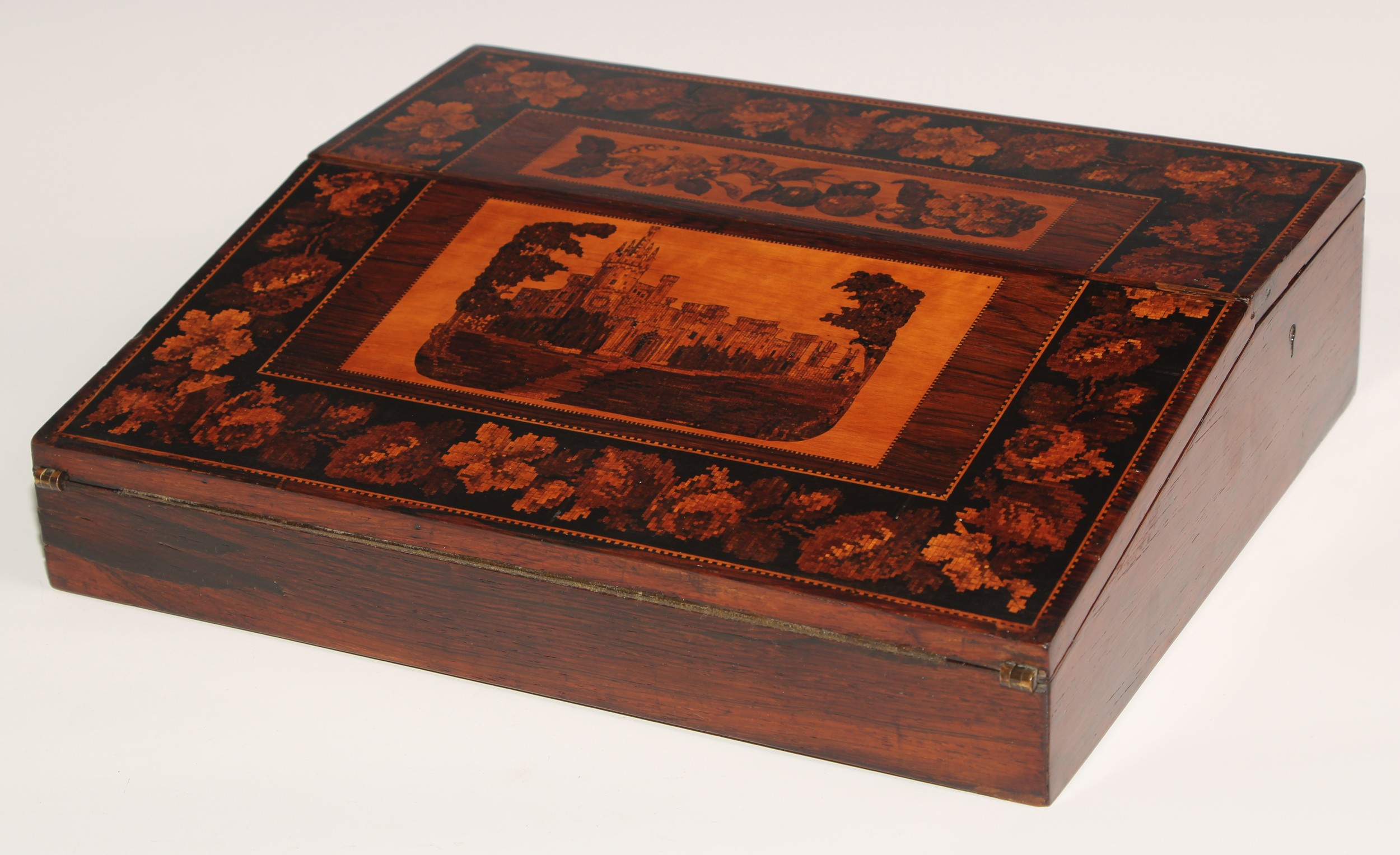 A Victorian Tunbridge ware and rosewood writing box or lap desk, the hinged cover and sloping - Image 3 of 4