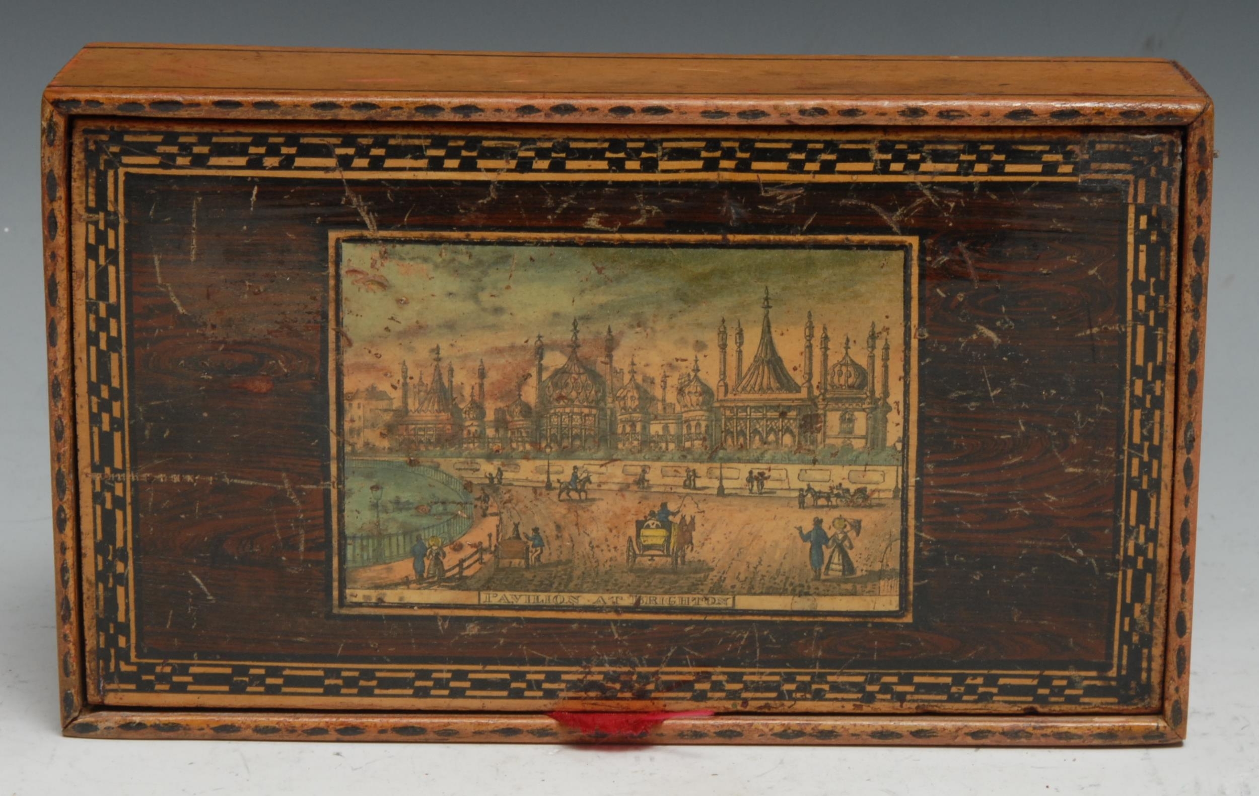 A 19th century Tunbridge ware type white wood box, the cover decorated with a named view, Pavilion - Image 3 of 6