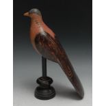 Folk Art - a painted softwood avian model, of a pigeon, perched, turned ebonised stand, 33cm high
