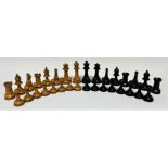 A boxwood and ebonised Staunton pattern chess set, weighted bases, the Kings 8.5cm high