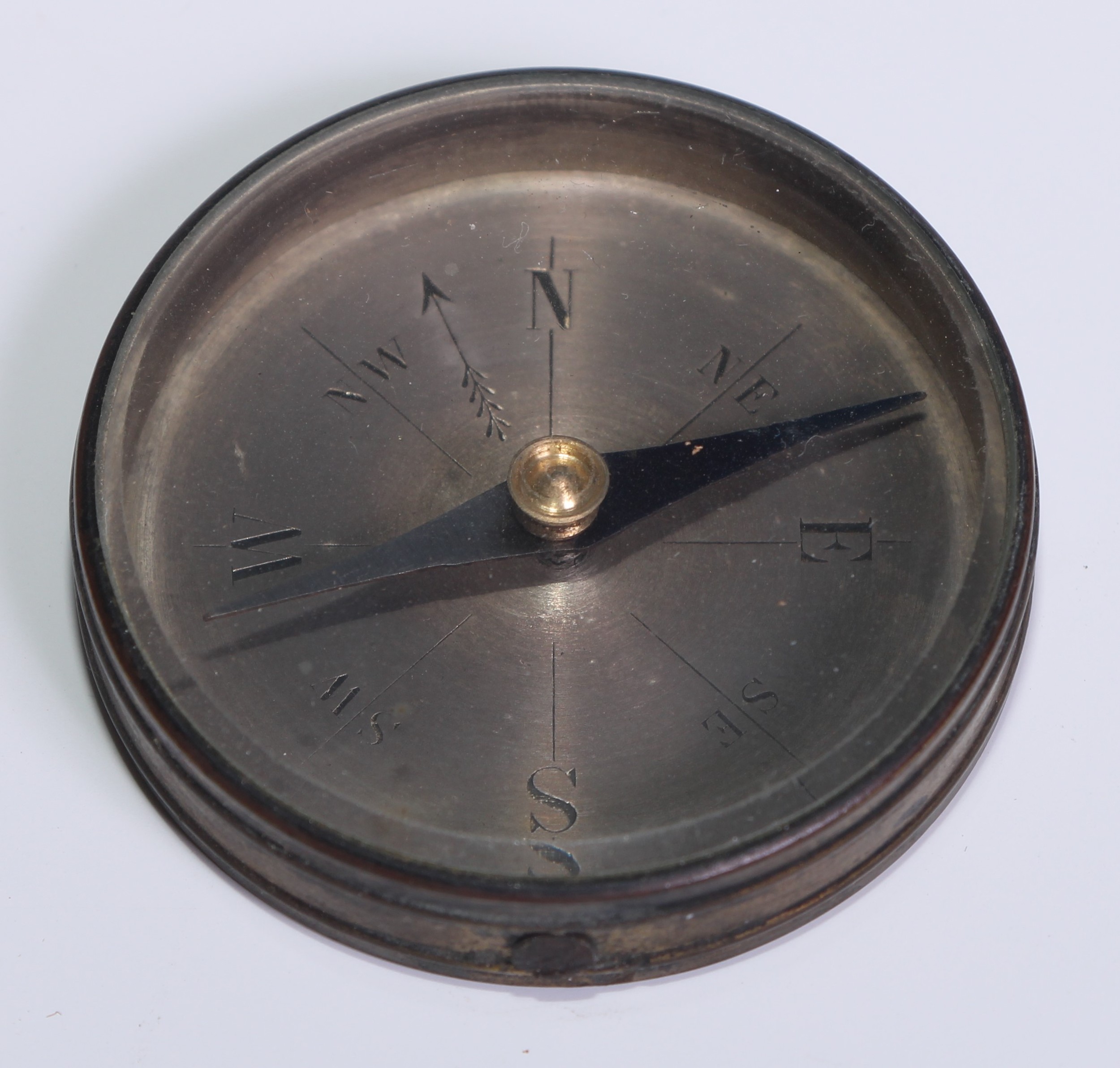 A 19th century brass compass, 8.5cm silvered dial engraved with fleur-de-lys, lockable needle, - Image 4 of 4