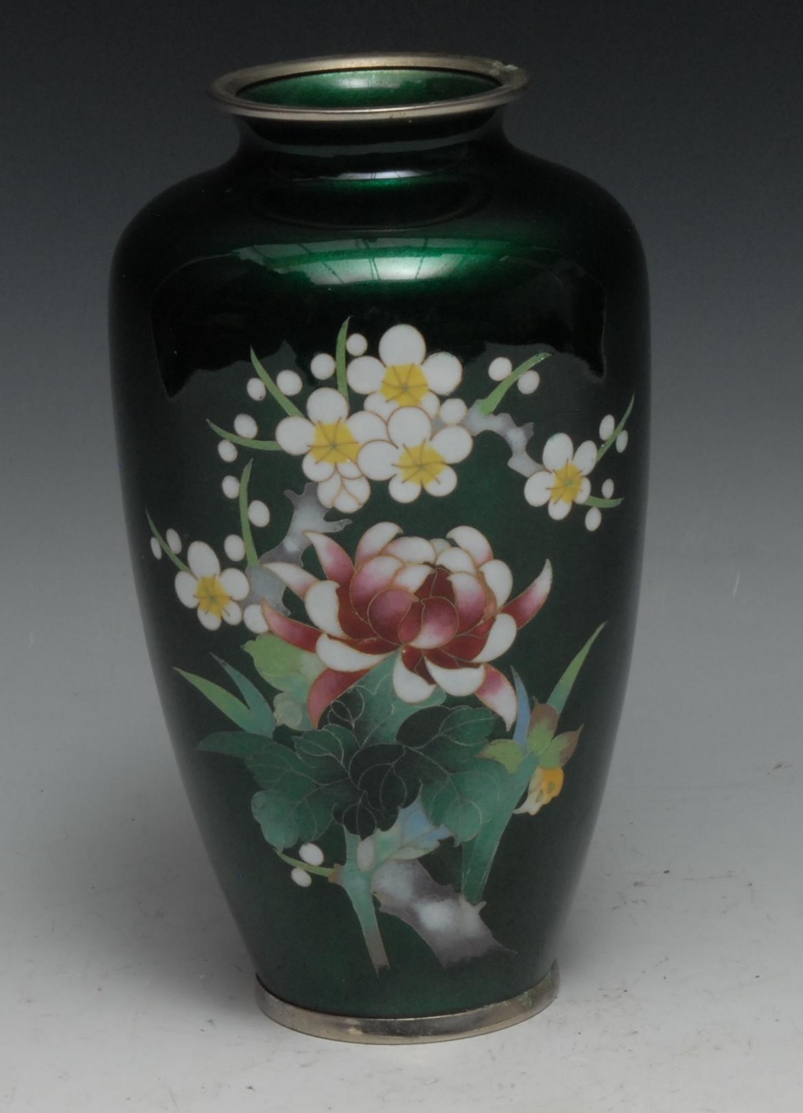 A Japanese cloisonne enamel ovoid vase, decorated in polychrome with chrysanthemums and blossoming