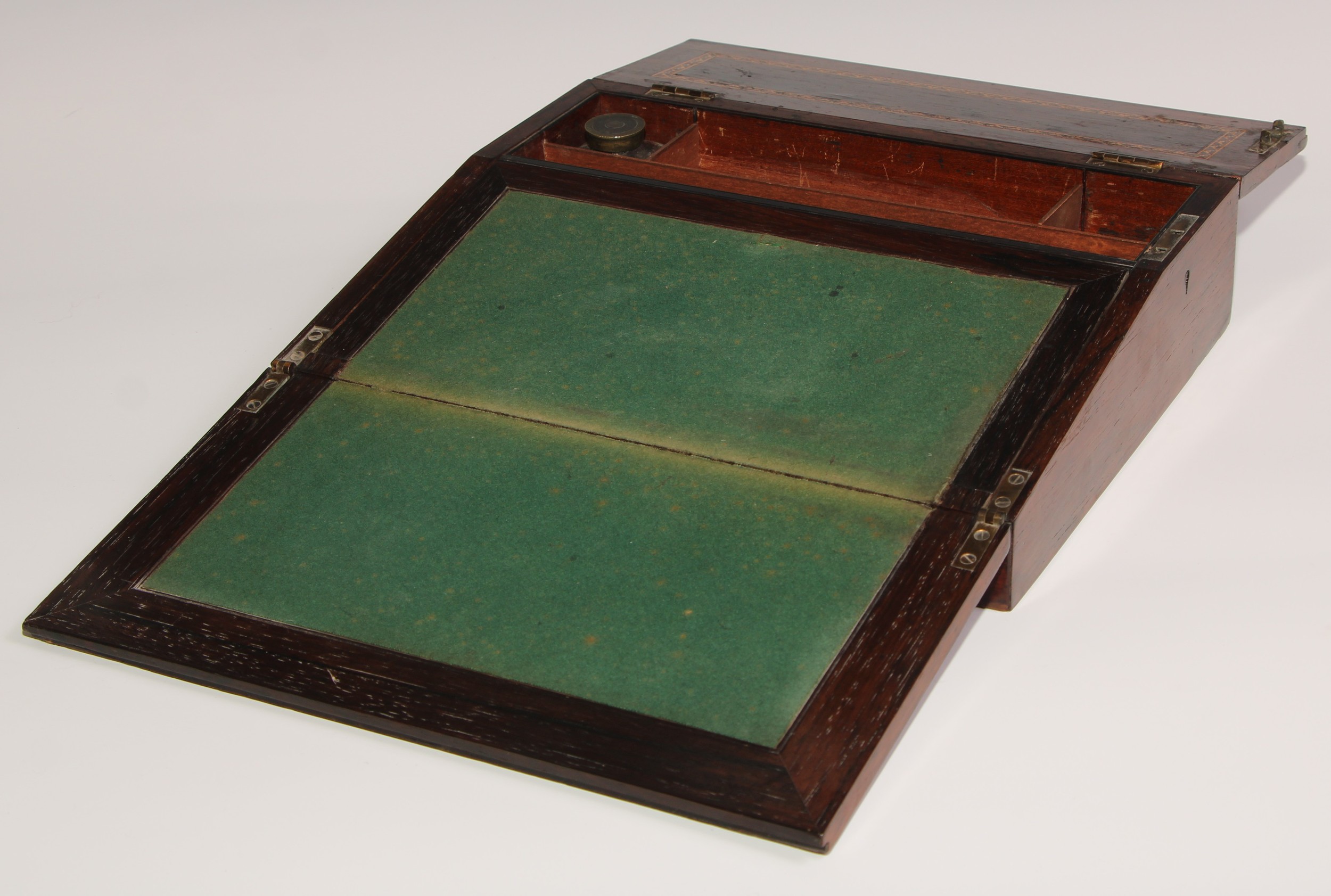 A Victorian Tunbridge ware and rosewood writing box or lap desk, the hinged cover and sloping - Image 2 of 4