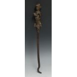 Tribal Art - a Yoruba bronze and iron Ogboni Ori Society staff, cast as a male figure, hooked shaft,