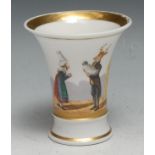 A 19th century French porcelain flared cylindrical beaker, decorated in polychrome with a comical