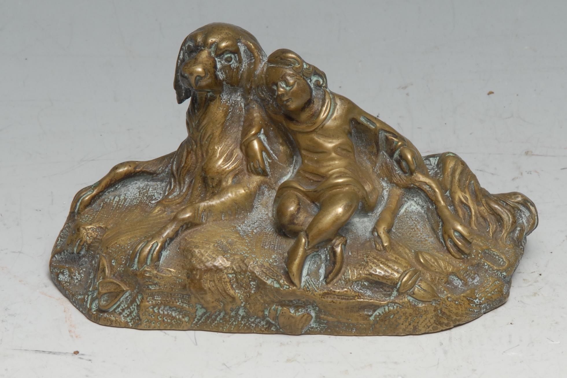 French School (19th century), a bronze, Protection, a child sleeps beside a dog, 11cm wide