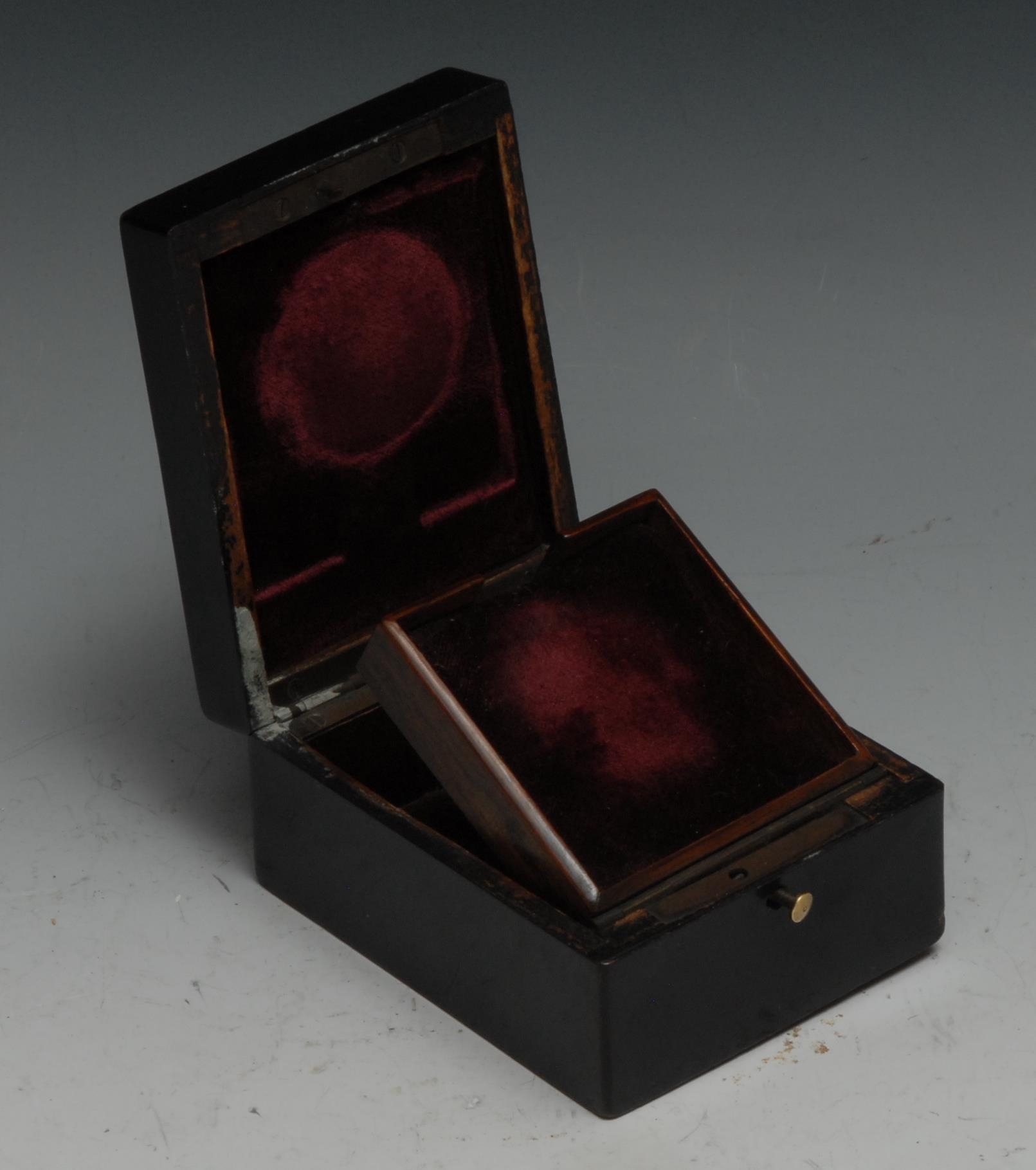 A 19th century French ebonised rectangular pocket watch box, hinged cover inlaid with a brass - Image 2 of 2