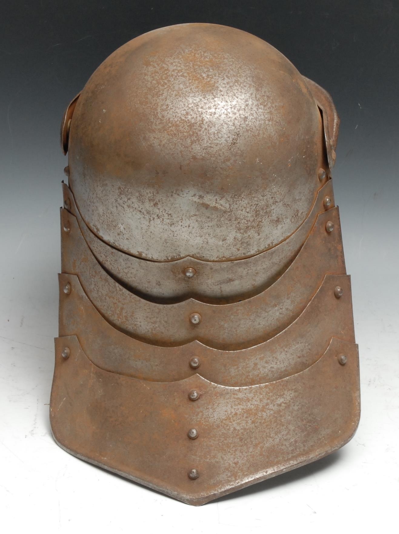 An English Civil War style Parliamentarian steel lobster tailed pot helmet, 33cm high - Image 3 of 3