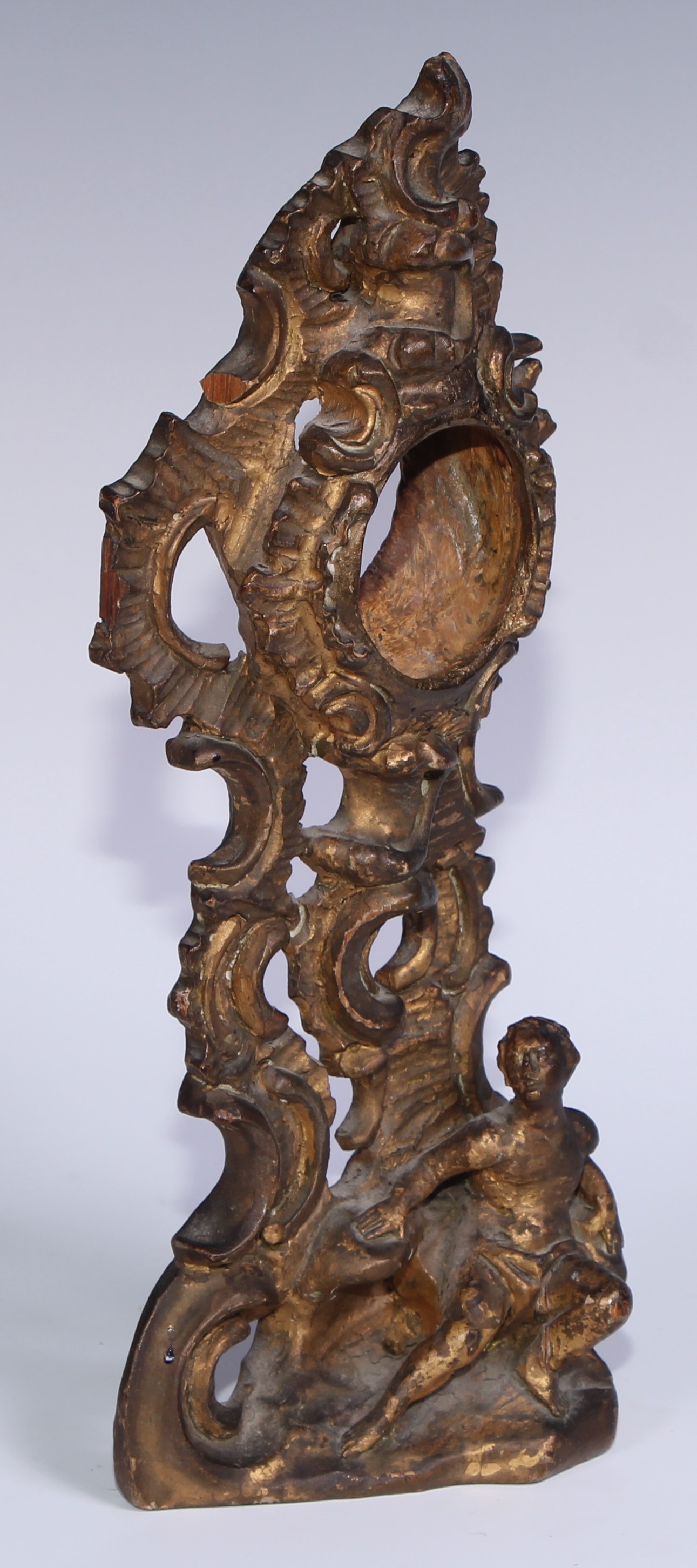 A sculptural 19th century gilt wood pocket watch stand, carved in the Rococo taste with a scantily - Image 2 of 4
