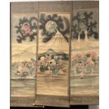 Chinese School, a scroll, pigments on silk, with wind demon and farmers, 122cm x 51cm; others (3)