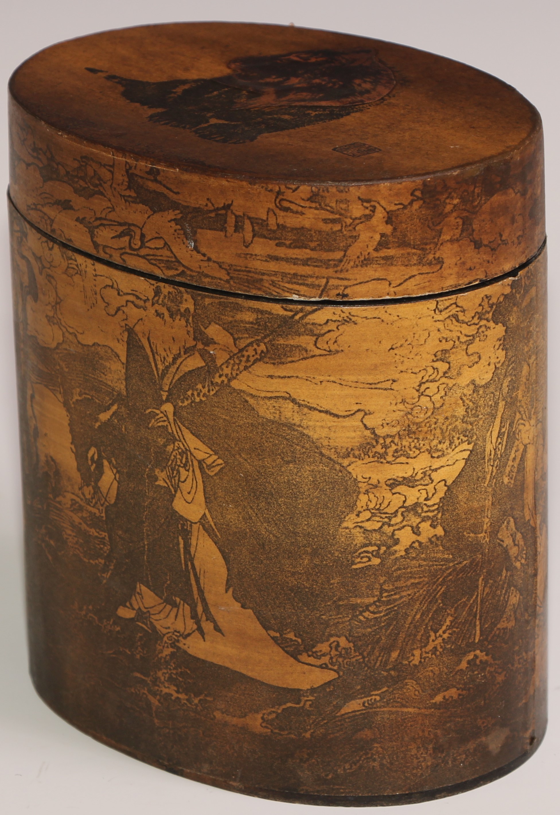 A stacking nest of Japanese oval boxes, decorated with bears and narratuve scenes, the largest 13. - Image 6 of 18