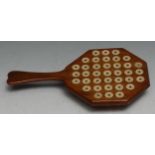 Folk Art - a mahogany pan-handled solitaire board, the base with compartment enclosing bone pegs,