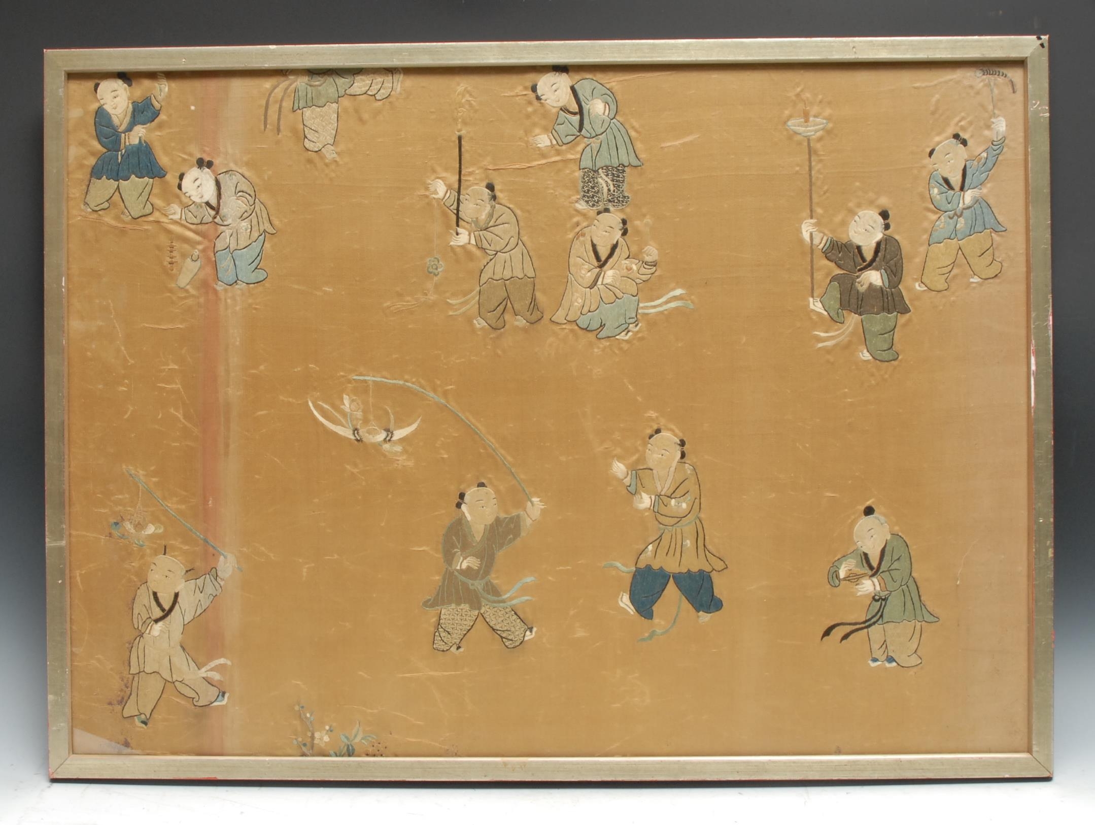 A Chinese rectangular silk panel, worked in coloured threads with Hundred Boys, 50cm x 70cm, 19th