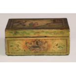 A 19th century painted pine box, the hinged cover with oriental court scene, the sides with