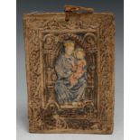 A Continental majolica rectangular plaque, in relief with enthroned Madonna and Child, 14.5cm x 10.