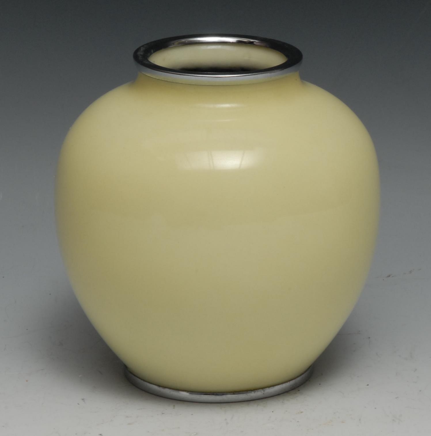 A Japanese cloisonne vase, decorated in polychrome with blossoming prunus on a pale yellow ground, - Image 2 of 2