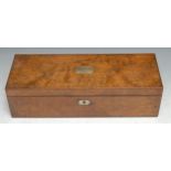 A Victorian burr walnut draughtsman's box, hinged cover enclosing an arrangement of compartments,