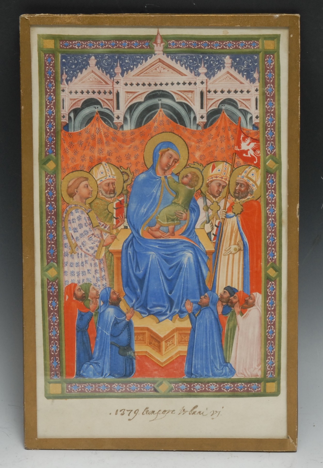 After the Medieval School, an illuminated manuscript leaf, Madonna and Child enthroned, picked out