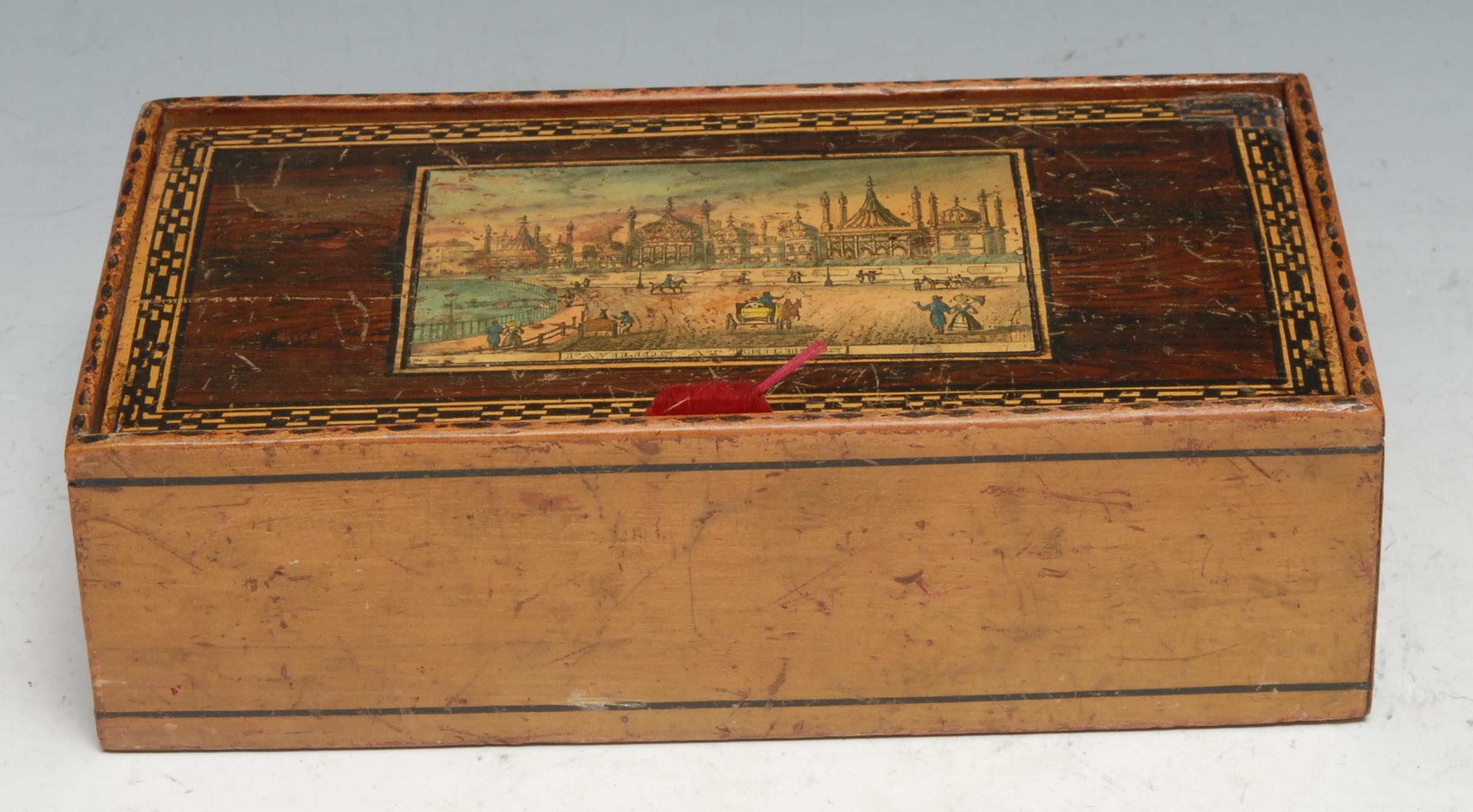 A 19th century Tunbridge ware type white wood box, the cover decorated with a named view, Pavilion - Image 2 of 6