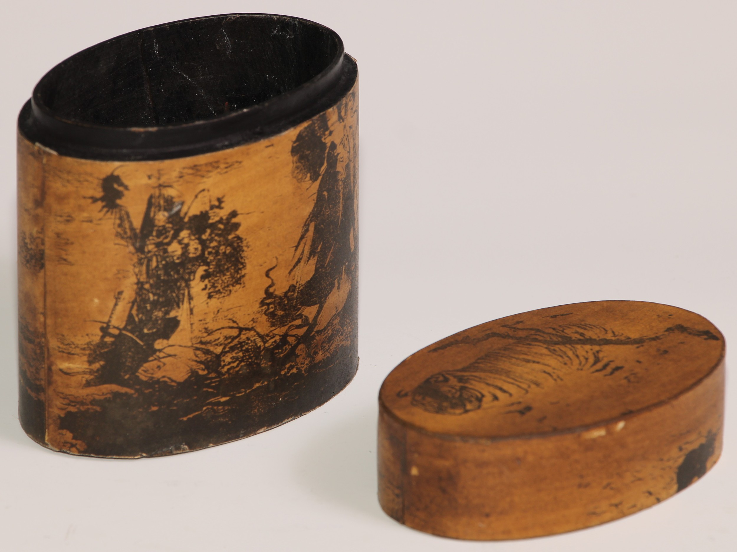 A stacking nest of Japanese oval boxes, decorated with bears and narratuve scenes, the largest 13. - Image 15 of 18