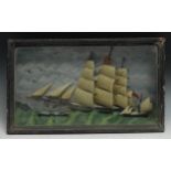 A Victorian diorama, sailing ships and paddle steamer, 28.5cm high x 48.5cm long, ebonised case