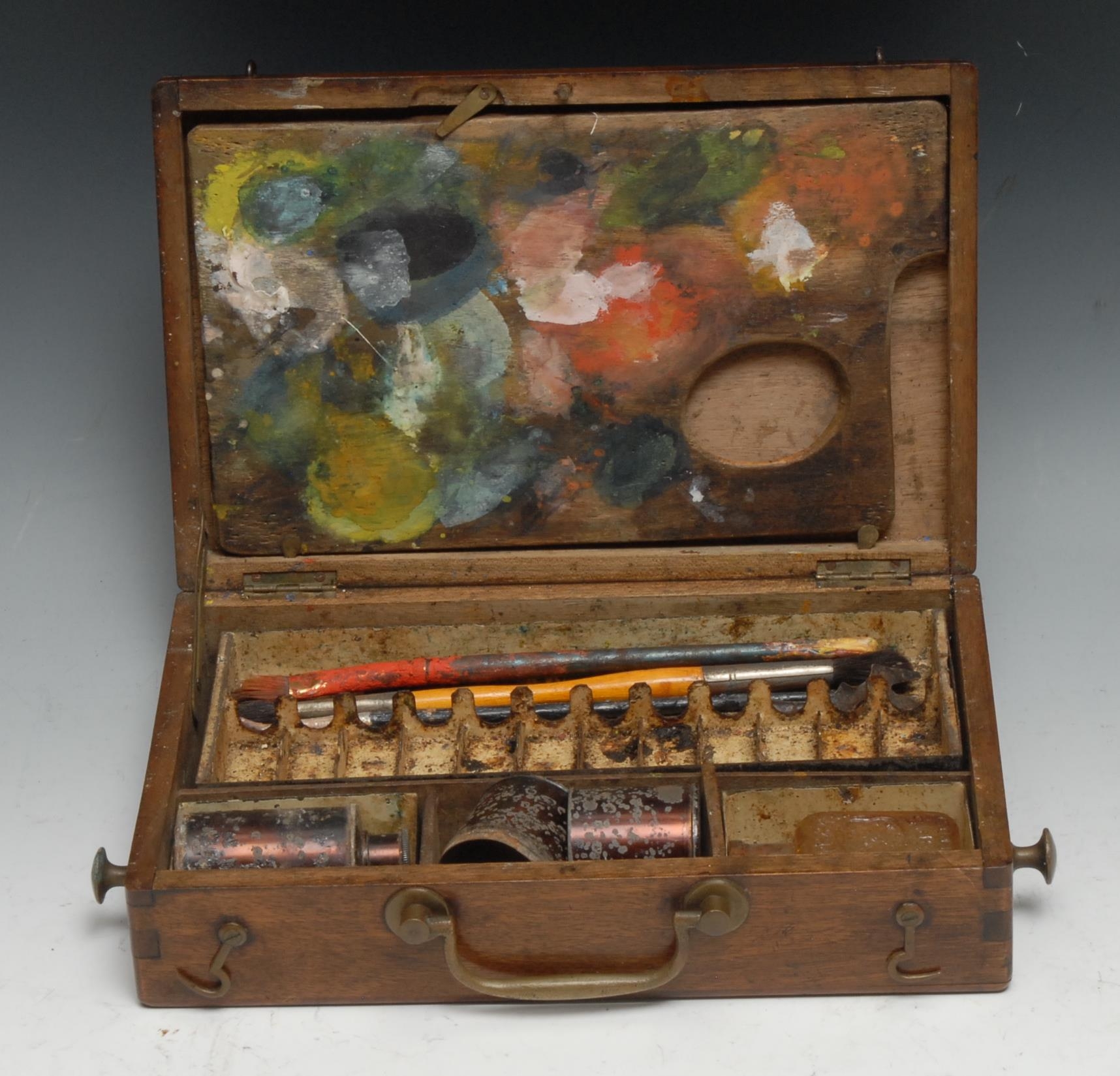 A late 19th century mahogany artist's paint box, hinged cover enclosing a palette, tube rack and - Image 2 of 2