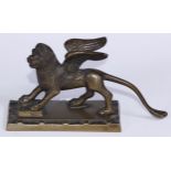 A Grand Tour brown patinated desk bronze, The Winged Lion of St Mark, rectangular base, 16cm wide