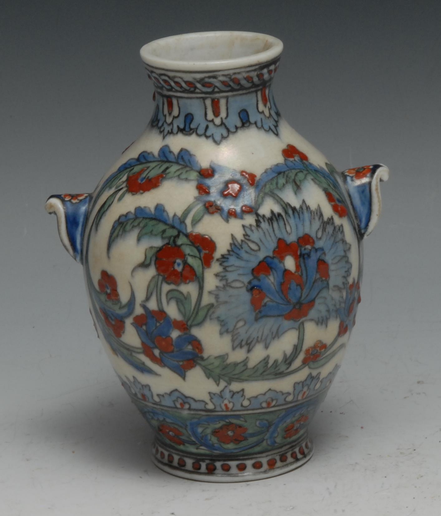 A Middle Eastern ovoid vase, painted in the Iznik palette of blue, green and sealing wax red with