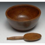 Treen - a sycamore dairy bowl, 28cm diam; a butter spoon, 24.5cm long (2)