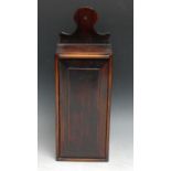 A 19th century vernacular pine candle box, shaped cresting, sliding raised and fielded panelled