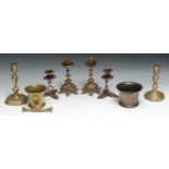 A pair of 19th century candlesticks, knopped stems, acanthus leaf base, 17cm high; a pair of