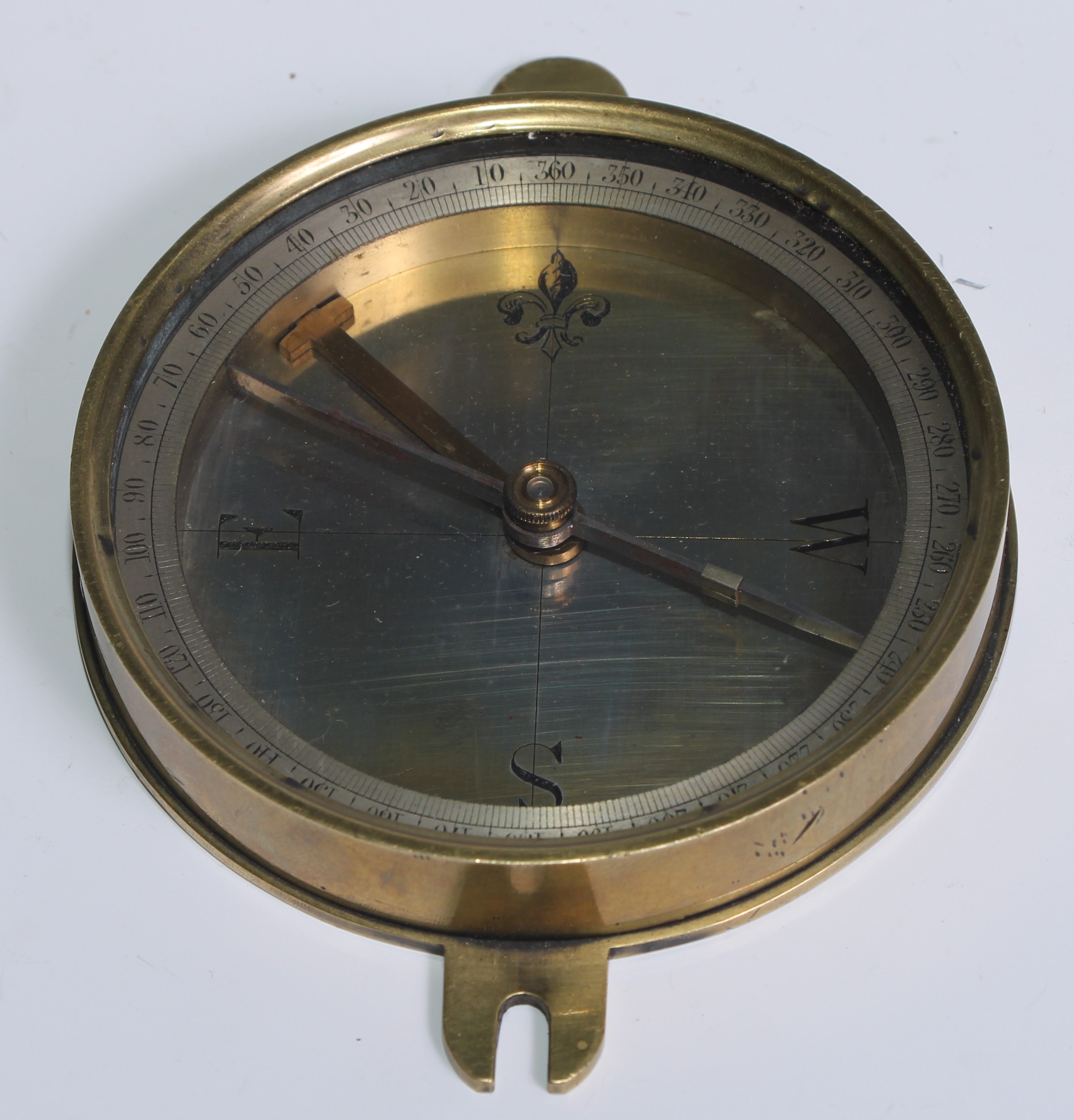 A 19th century brass compass, 8.5cm silvered dial engraved with fleur-de-lys, lockable needle, - Image 3 of 4