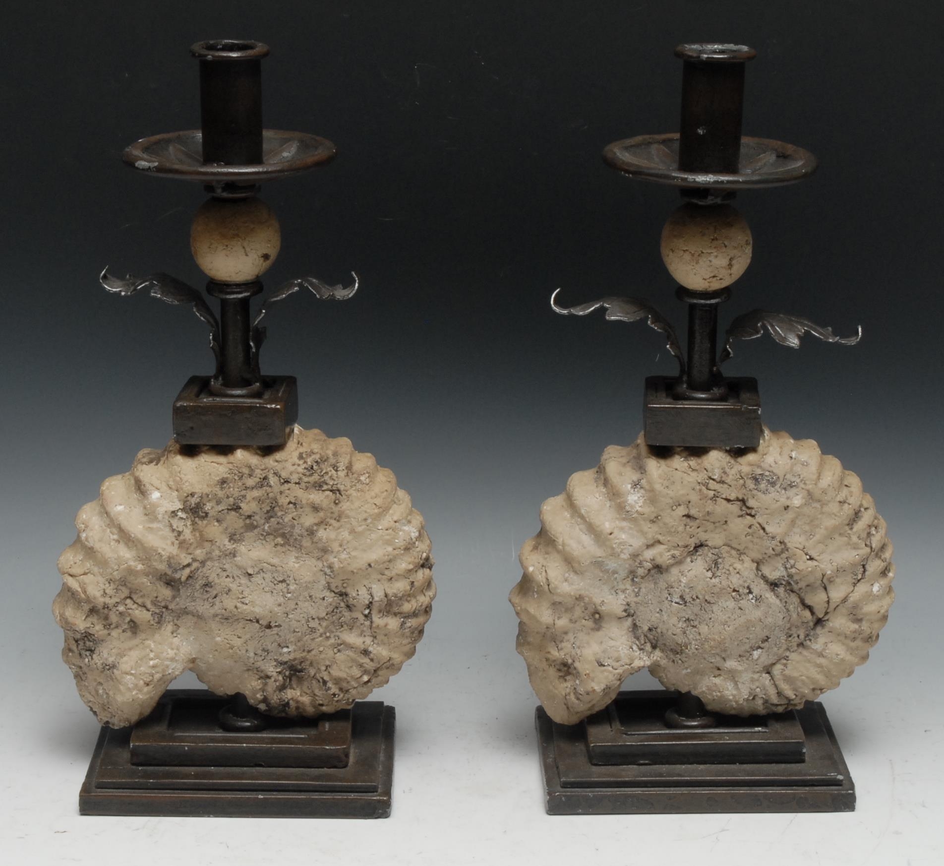 Interior Decoration - a pair of unusual wrought steel and faux-palaeontological candlesticks, each - Image 2 of 2