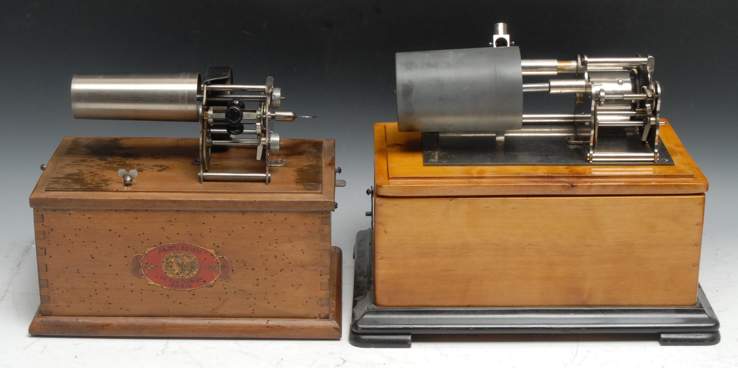 An early 20th century cylinder phonograph, the case 24cm wide; another, French (2)