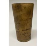 A 19th century horn beaker, sgraffito scrimshaw engraved as a love token with lunar crescents and