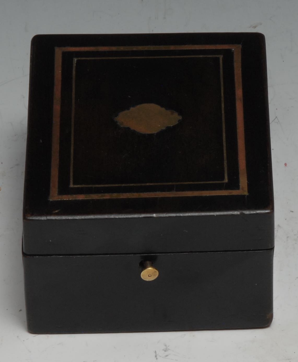 A 19th century French ebonised rectangular pocket watch box, hinged cover inlaid with a brass